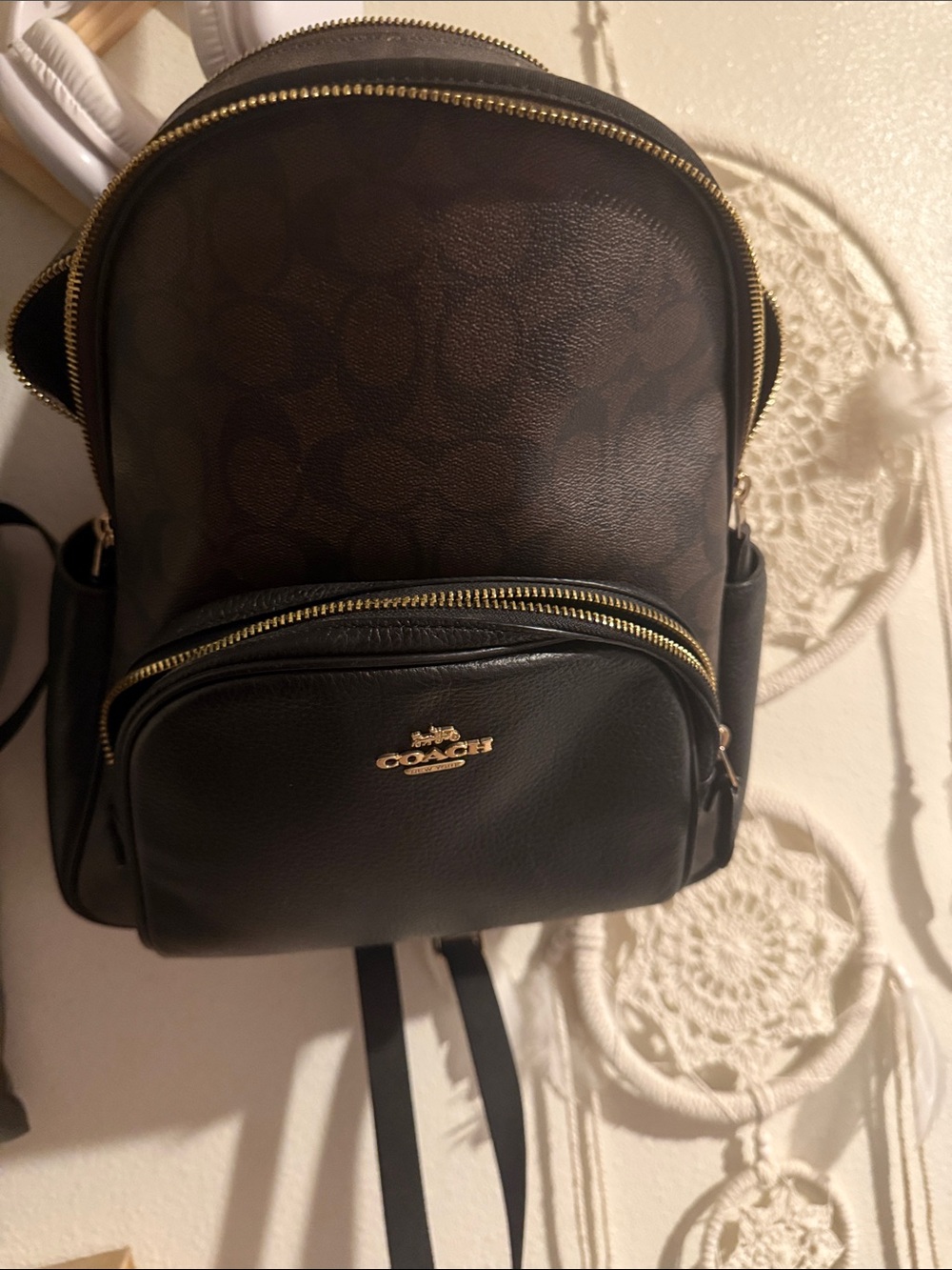 Coach Brown Signature & Black Leather Mini Backpack with Gold Hardware